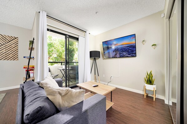 Living Room with 55" Roku Smart TV out onto Balcony