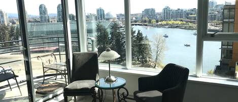 Living room with water view of False Creek
