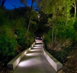 Well lit path to the river - wide enough to drive a golf cart up and down