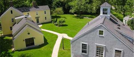 A birds eye view of Arundel Farm with the 1790 House and the Carriage House