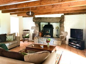 Alice's lounge area with feature fire place and log burner