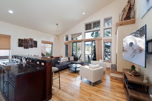 Main Living Space - Gas Fireplace, TV, Views and Deck