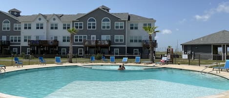 Take a dip in the spacious circular heated pool after an eventful beach day!