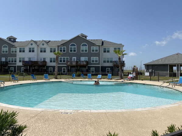 Take a dip in the spacious circular heated pool after an eventful beach day!