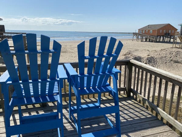Sit, relax and enjoy the view of the pedestrian beach looking towards the Jetty 