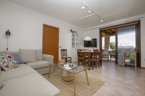 The living room with dining table.