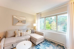 Kick back with a 55" TV with streaming access, comfy sofa bed, and large windows