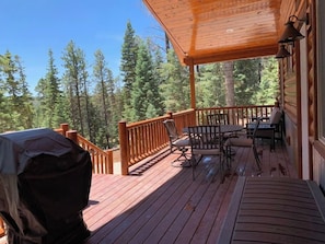 BBQ, large table, couch, chairs. Hang out on the from deck and enjoy the beauty.