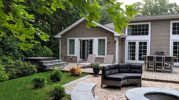 Backyard with a fire pit
