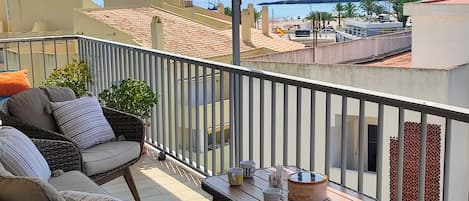 View form the long South facing terrace to the Arenal beach and Cabo de la Nao.