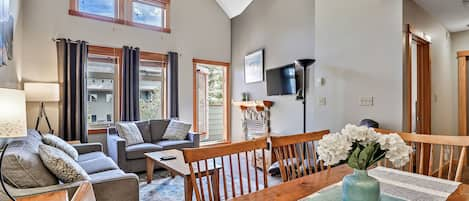 Living Room and Dining Area. A/C unit in summer. New recliner and 55" TV.