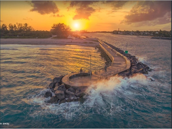 Walk across the street and through the park to fish off the Jupiter pier.