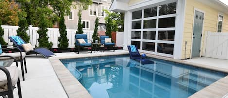 Pool Area with Cabana Door Down. Sun Shelf and Spa Bench Await!