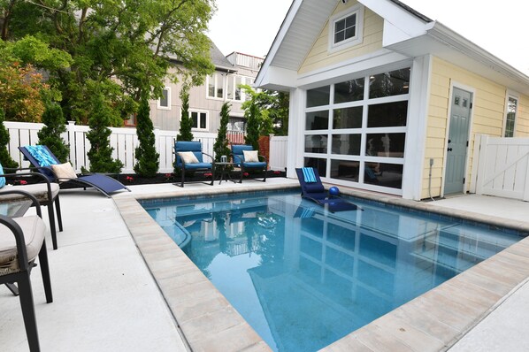 Pool Area with Cabana Door Down. Sun Shelf and Spa Bench Await!