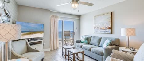 Living Area with Queen Size Sleeper Sofa and access to Private Balcony overlooking the Gulf