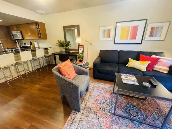 Relax in this retro-inspired condo with a modern twist. Perfect for couples or small families.