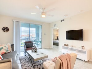 Relax on the comfy couch and enjoy the TV after a day exploring the city