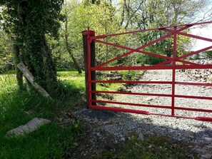 Area that directly surrounds the property. old wrought gate leading back to house.