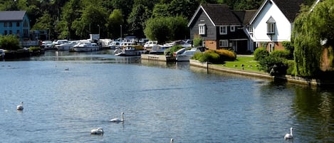 Wherry Cottage  (right) as seen from Wroxham Bridge over the River Bure.