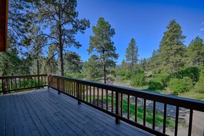 Large wooden balcony from upstairs bedroom access
