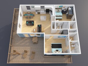 Plan view showing layout of the Gulf Breeze beach house interior.