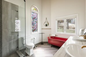 Private full bathroom, clawfoot tub and glass enclosed shower