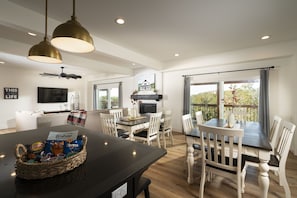 Spacious open kitchen, dining, living area opens up to huge deck