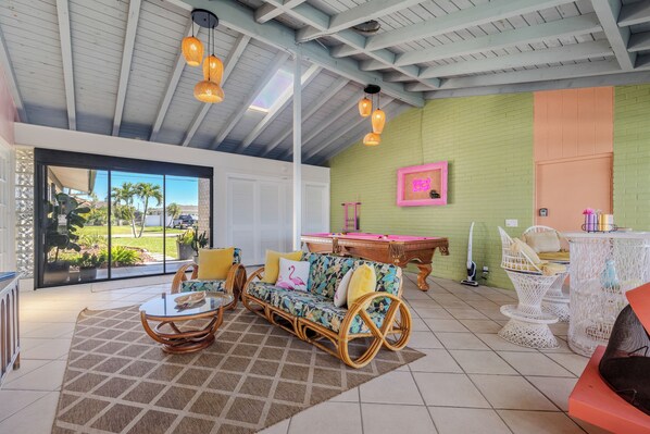 Florida Room with Pool Table and Fun Retro Bar!