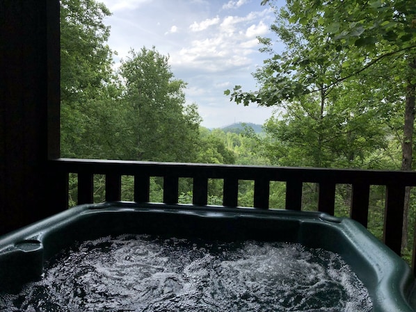 Relax in privacy in our 4 person hot tub with views from a perched back deck. 