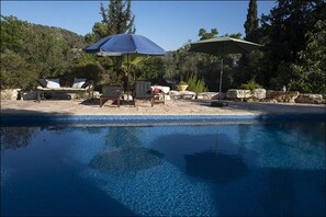 View of the pool in July 2021 after a new pool vinyl liner was installed. 
