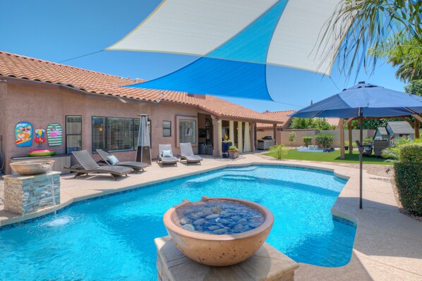 water feature, baja in ground deck, new pebbletec pool