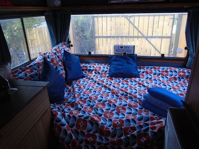 retro bedford camper with hot tub  sauna   and pool