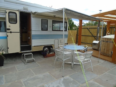 retro bedford camper with hot tub  sauna   and pool