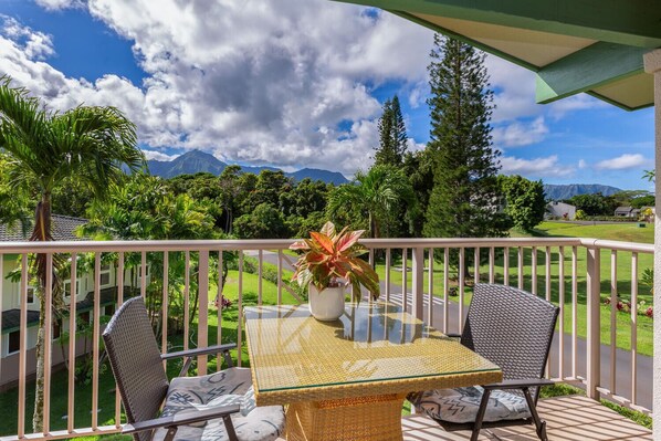 One of two private lanais at Villas of Kamali'i 40. This one is just off the living room, and has a cute little seating area for two people to enjoy a peaceful morning, or a beautiful island sunset!