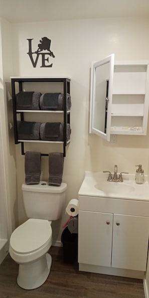 Gorgeous bathroom with everything needed, even toothpaste and toothbrushes!
