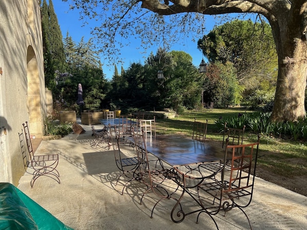 Terrasse sud du mas, à l'ombre de son platane séculaire. 