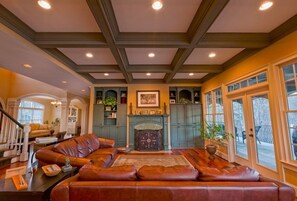 Family room with coffered ceiling