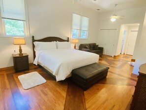 The generously sized master suite, with bathroom, laundry room and tv.