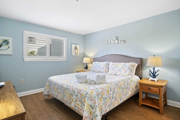 Primary Bedroom with King Bed and Privacy / Room Darkening Shutters