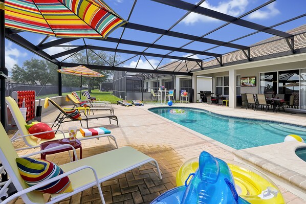Relax on our extended screened pool deck that allows for full sunshine all day year round!  