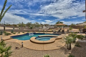 Serene desert views from everywhere in our professionally landscaped backyard.