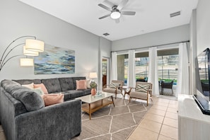 The bright, spacious, and open living room is the heart of the villa.