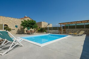 Pool. The private pool 24sqm with free sunbeds, umbrella and arbour