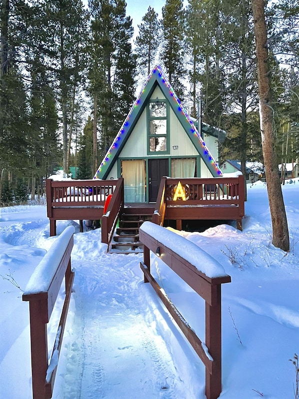 The A-Frame is festive and cozy in the winter months, only 7 mins from the slopes