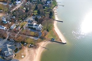 Aerial view of Sandaway Suites & Beach in Oxford, MD.