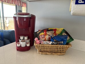 K cup coffeemaker and complimentary snacks for your arrival (snacks vary)