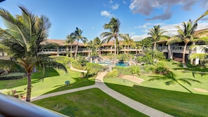 Pool waterfall views while cooking on the private lanai