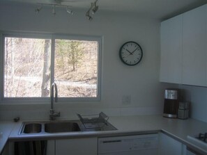 kitchen has built in microwave, built in convection oven, track lighting, dw
