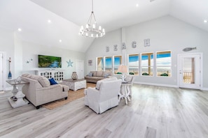 Large living area. Looking out at the beach.