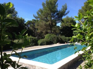 Grande piscine sécurisée (clôturée) de 15m x 4m avec douche extérieure. Transats